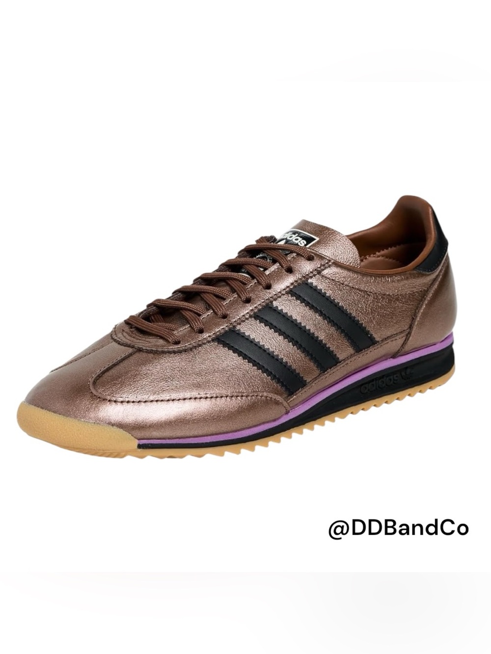 adidas Women’s Metallic Bronze Sneakers with Black Stripes and Purple Trim